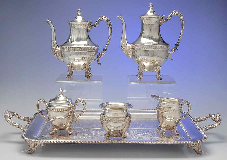 SDN19 (Silverplate, Hollowware) 6-Piece Plated Tea Set (Waste & Footed Tray) by Sheridan Silver Co-1