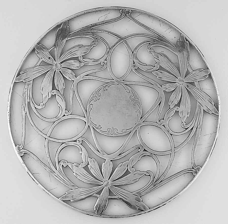 882 (Sterling, Hollowware) Round Crystal Trivet with Sterling Overlay by Scharling-1
