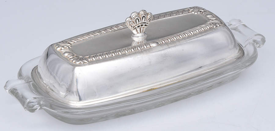 Silverplate Hollowware Metal Lid Glass Base 1/4 Pound Butter by Saben Silversmith-1