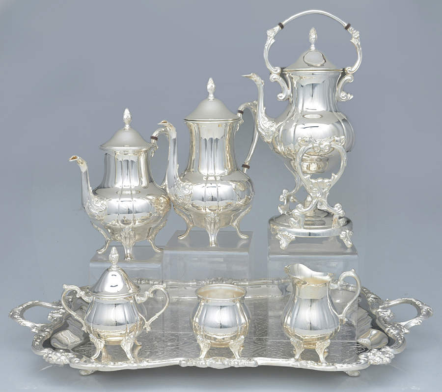Fluted (Silverplate, Hollowware) 7-Piece Plated Tea Set (w/ Waste, Kttle & Try) by Sheridan Silver Co-1