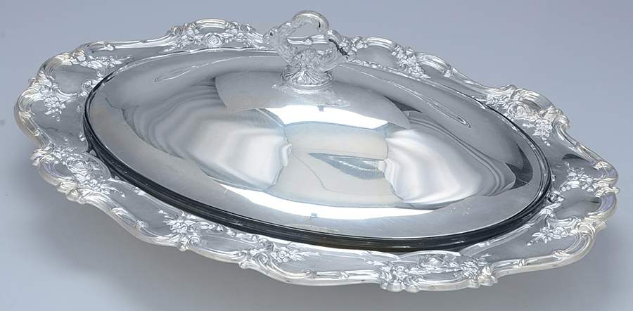 Old Master-Embossed(Silverplate, Roses-Scrolls) 2 Qt Oval Covered Casserole w/Glass Liner by Towle Silver-1