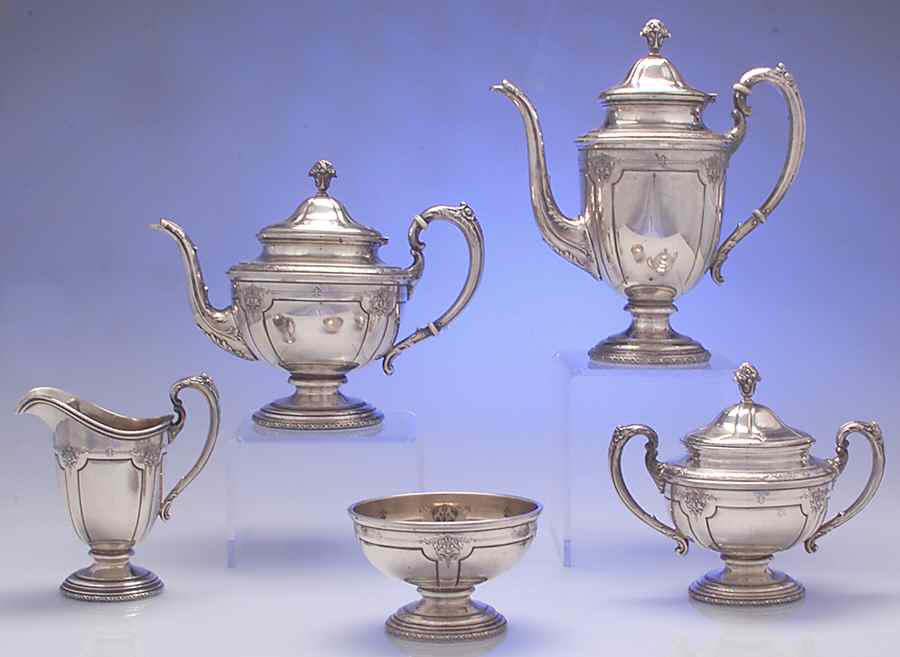 Louis XIV (Sterling, Hollowware) 5 Piece Tea Set (SCP, STP, SCR, SSU, SWB) by Towle Silver-1