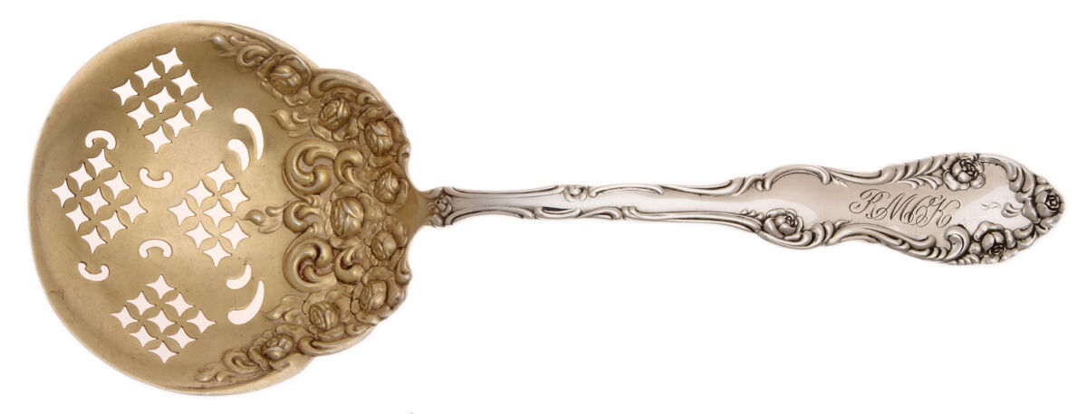 Old English (Sterling, 1892, Monograms) Large Pierced Pea Serving Spoon by Towle Silver-1