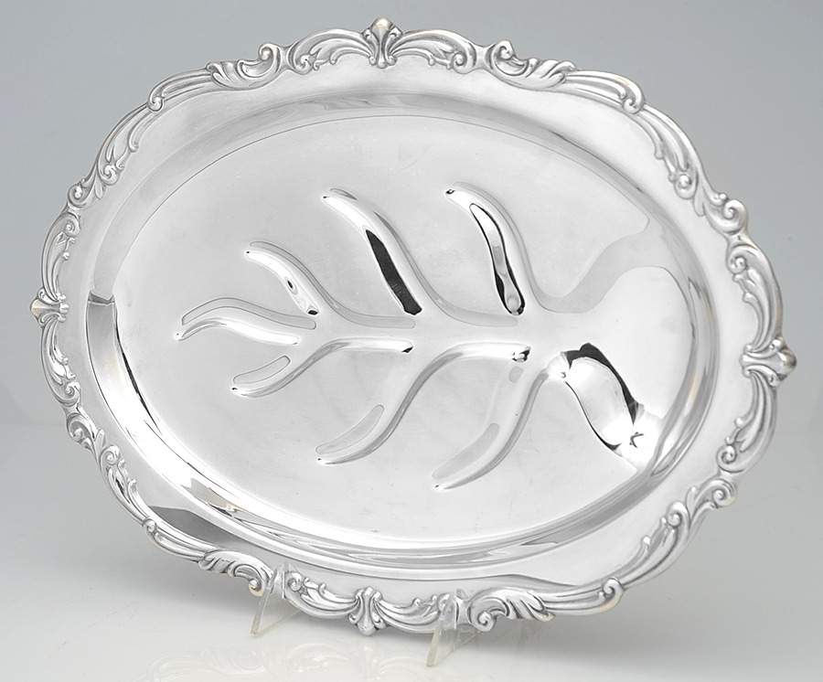 Old Master(Silverplate, Holloware, Scroll Edge) 16" 4 Toed Meat Platter with Well by Towle Silver-1