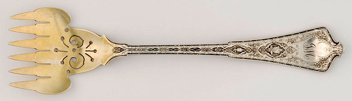 Persian (Sterling, 1872, Monograms) Large Solid Tined Sardine Serving Fork by Tiffany & CO SILVER-1