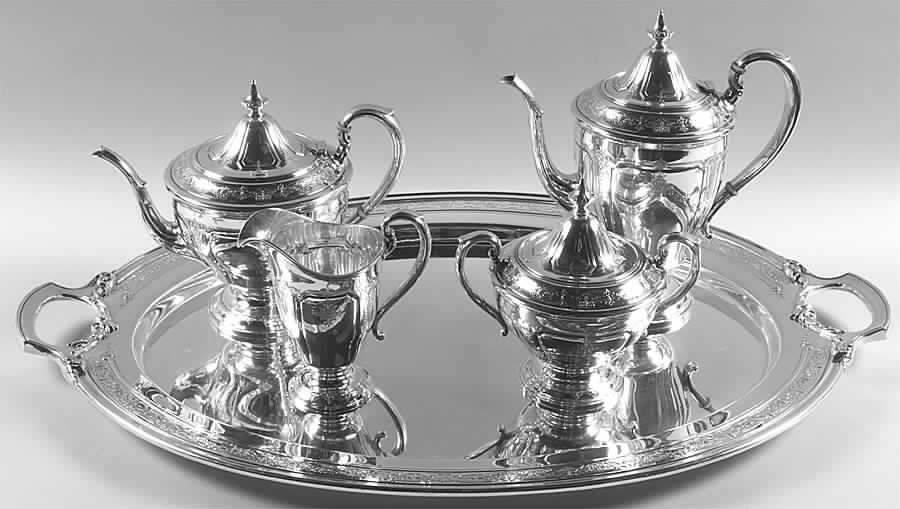Seville (Sterling, 1926, Hollowware) 5 Piece Tea Set (SCP, STP, SCR, SSU, WTL) by Towle Silver-1