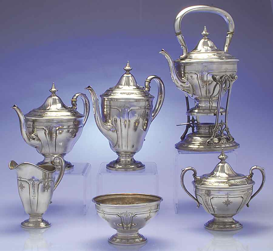 Seville (Sterling, 1926, Hollowware) 6 Piece Tea Set (SCP, STP, SCR, SSU, SWB, SKES) by Towle Silver-1