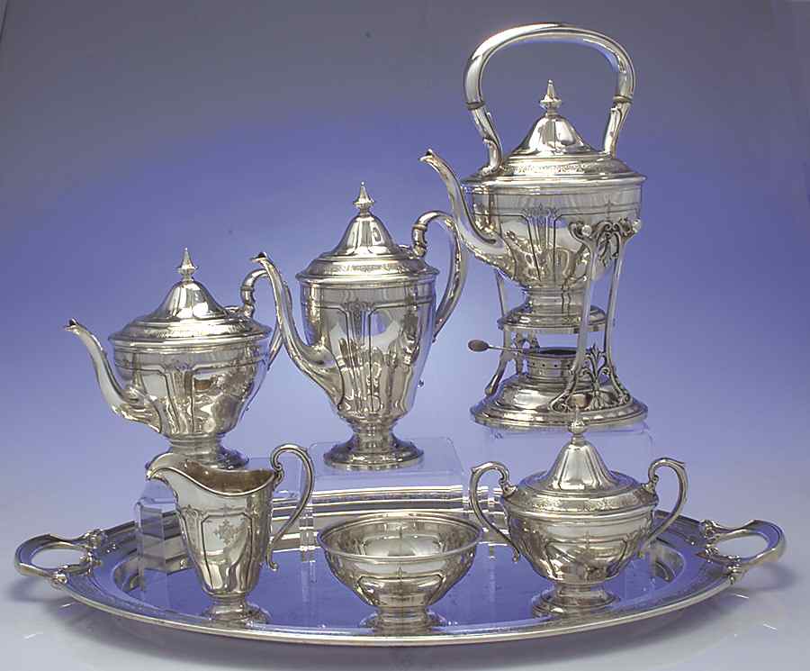 Seville (Sterling, 1926, Hollowware) 7 Piece Tea Set (SCP, STP, SCR, SSU, SWB, SKES & WTL) by Towle Silver-1