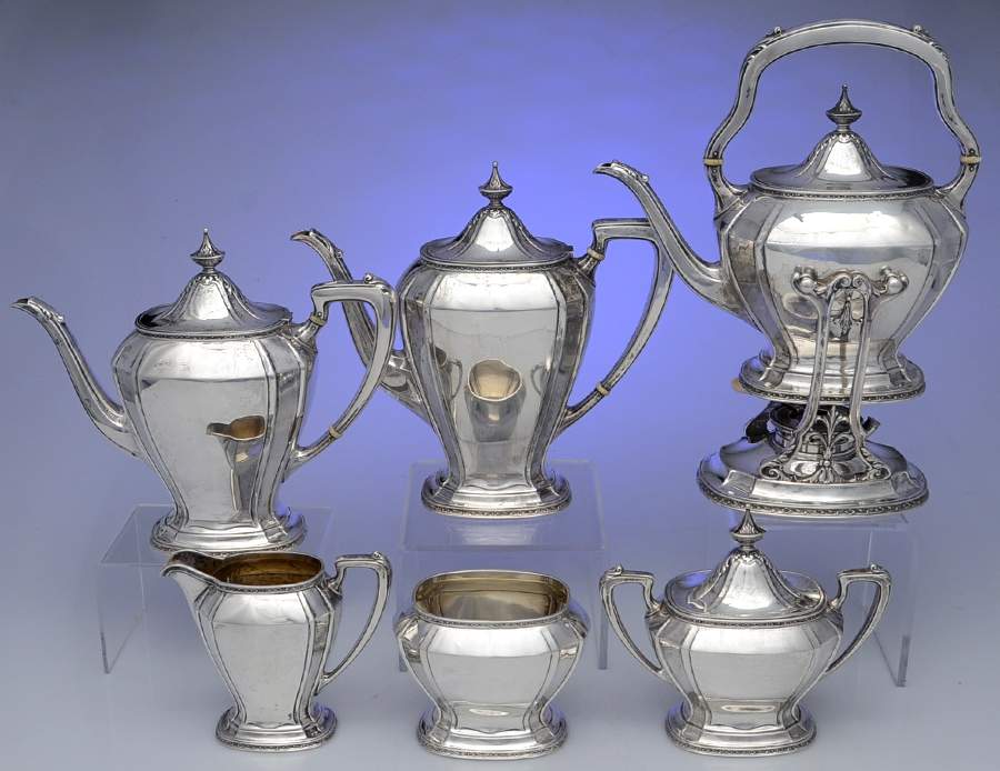 Virginia Carvel (Sterling, 1921) 6 Piece Tea Set (SCP, STP, SCR, SSU, SWB, SKES) by Towle Silver-1