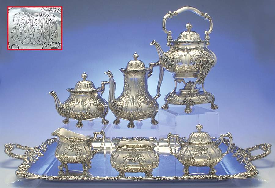 727 (Sterling, Hollowware) 7 Piece Tea Set (SCP, STP, SCR, SSU, SWB, SKES & WTL) by Theodore B Starr-1