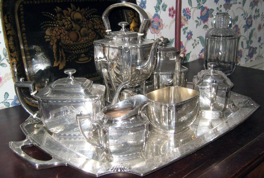 815ua (Sterling, Hollowware) 7 Piece Tea Set (SCP, STP, SCR, SSU, SWB, SKES & WTL) by Theodore B Starr-1