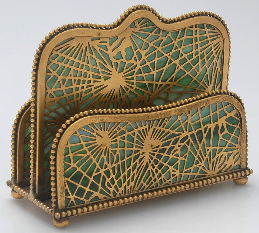 Pine Needles (Plated Copper, Hollowware) 2 Slot Letter Holder with Green Glass by Tiffany & CO SILVER-1