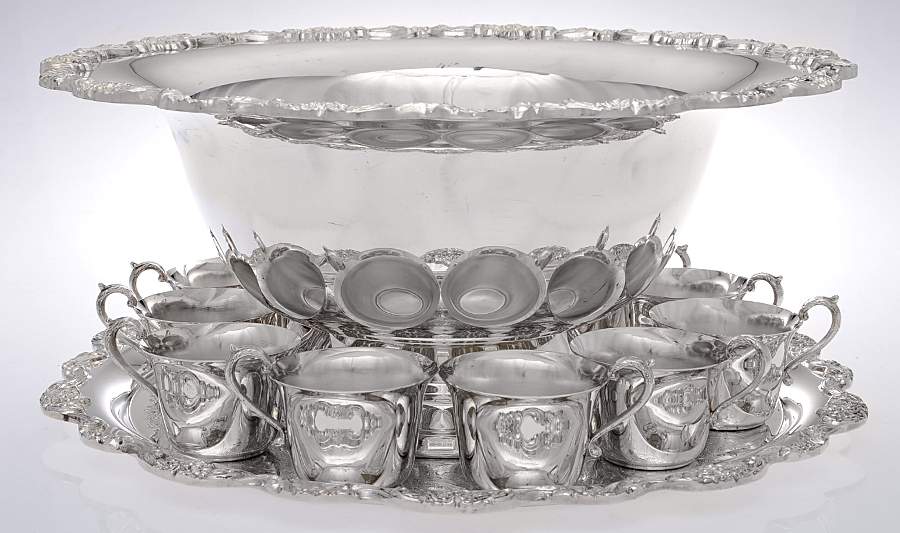 Embassy Classic (Slvp, Hollowware) Punch Set-Punch Bowl, 12 Cups & Tray by Towle Silver-1