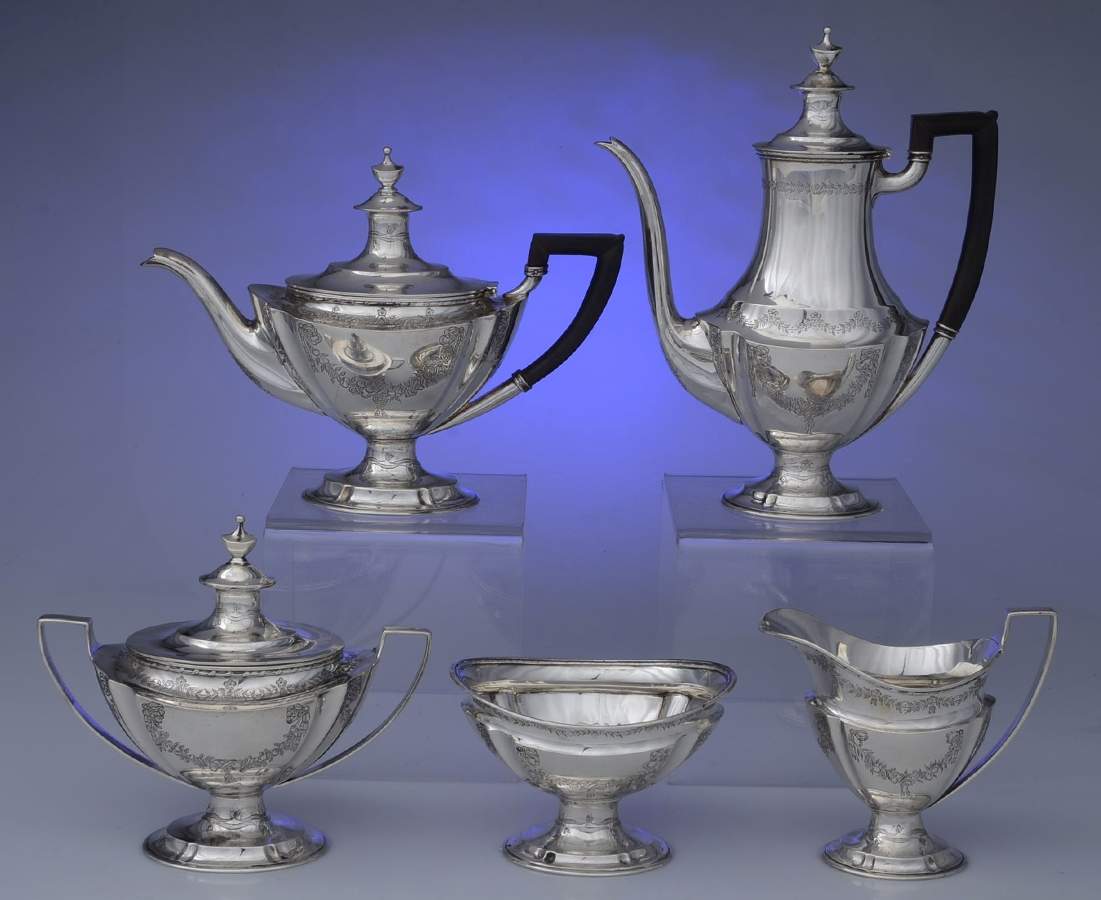 13889 Engraved (Sterling, Hollowware) 5 Piece Tea Set (SCP, STP, SCR, SSU, SWB) by Tiffany & CO SILVER-1