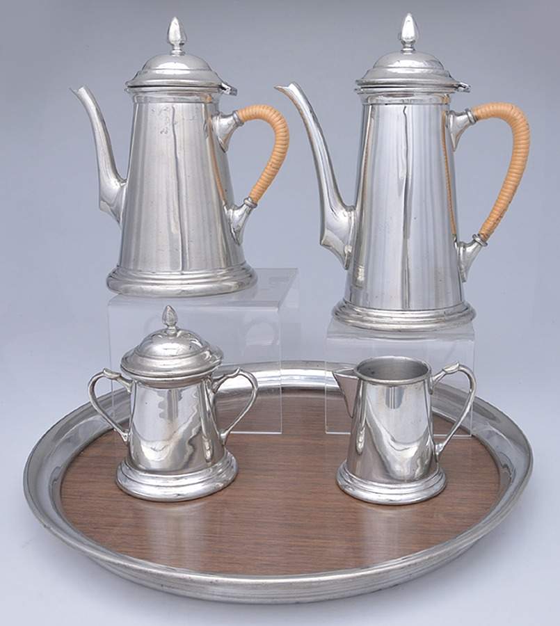 502 (Pewter, Hollowware) 5 Piece Tea Set (with Tray) by Trinac Metalcrafts-1