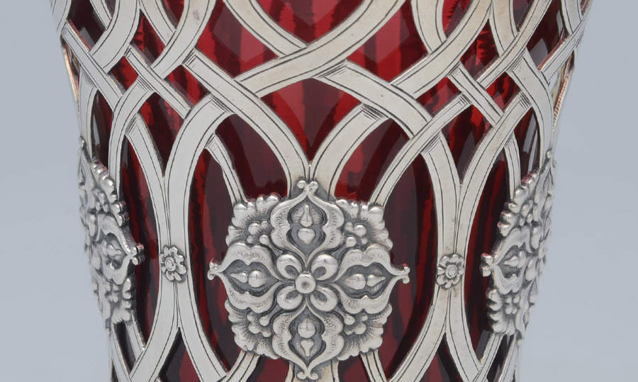 TIS108 (Sterling, Hollowware) Cranberry Glass Vase with Sterling Base by Tiffany & CO SILVER-2
