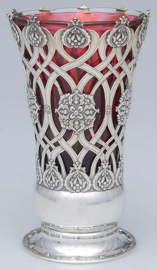 TIS108 (Sterling, Hollowware) Cranberry Glass Vase with Sterling Base by Tiffany & CO SILVER-1
