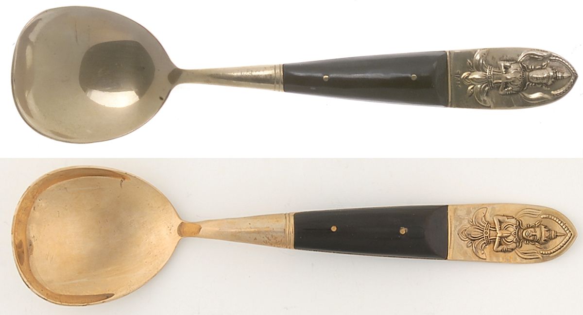Siam (Brass)-Black Handle, Sitting Buddha Round Bowl Soup Spoon (Gumbo) by Unknown Mfg Silver-1