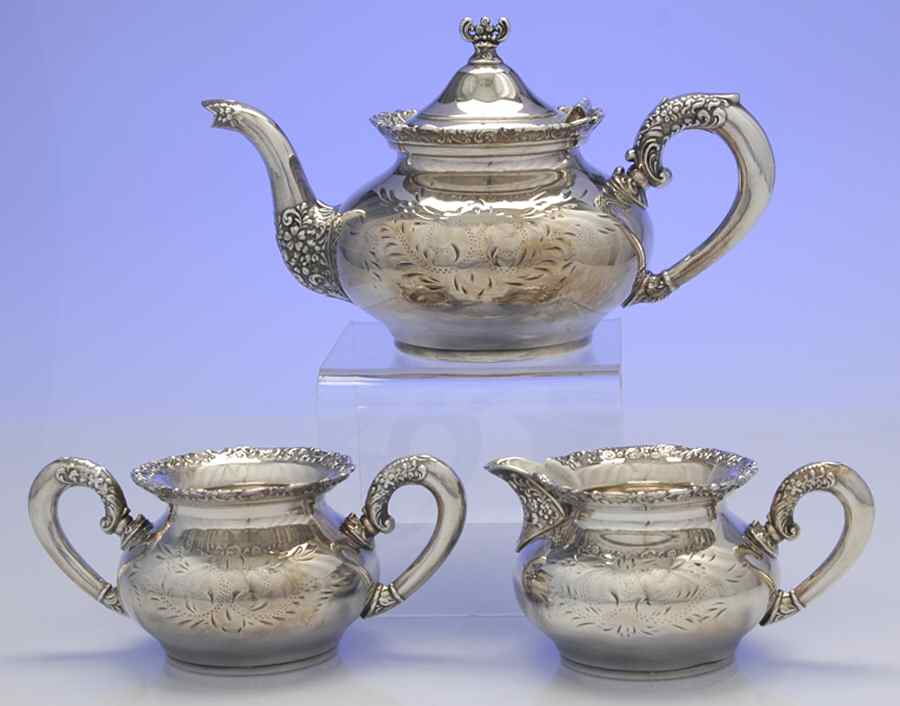 1750 (Silverplate, Hollowware) 3-Piece Tea Set (Tea Pot, Creamer, Open Su) by Van Bergh-1