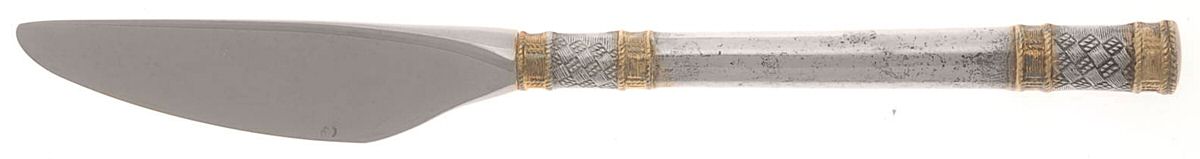 Golden Aegean Weave (Sterling, 1971) Modern Hollow Butter Spreader (Stainless) by Wallace Silver-1