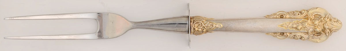 Golden Grande Baroque (Sterling, Gold Accent) Small Steak Carving Fork with Stainless Prongs by Wallace Silver-1