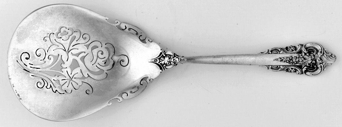 Golden Grande Baroque (Sterling, Gold Accent) Solid Bon Bon Spoon with Pierced Bowl by Wallace Silver-1