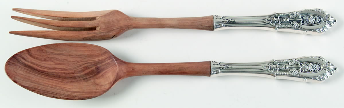 Rose Point (Sterling, 1934, No Monograms) Wooden Bowl 2-Piece Salad Set by Wallace Silver-1