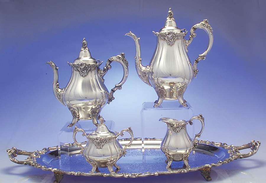 Baroque (Silverplate, Hollowware, Older) 5-Piece Silverplate Tea Set (with Tray) by Wallace Silver-1