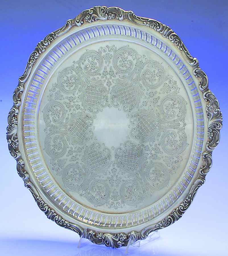 Baroque (Silverplate, Hollowware, Older) 16" 3-Toed Silverplate Round Tray by Wallace Silver-1
