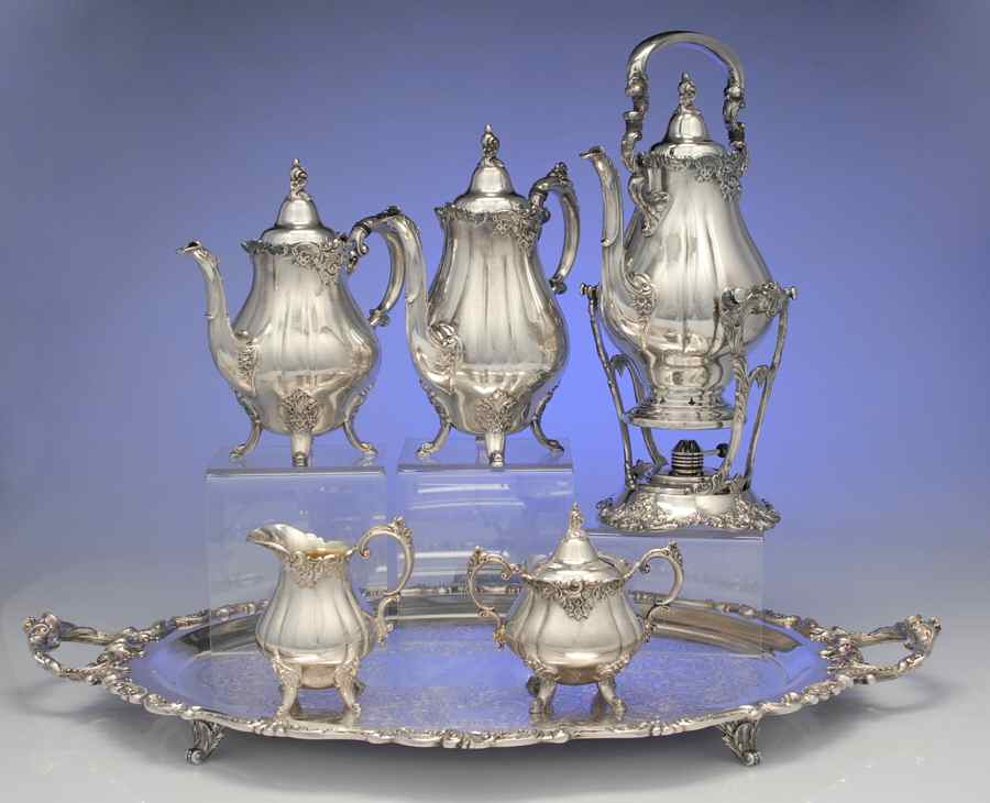 Baroque (Silverplate, Hollowware, Older) (6 Pc) Tea Set (CP,TP,CR,SU,KES,WTLF) by Wallace Silver-1
