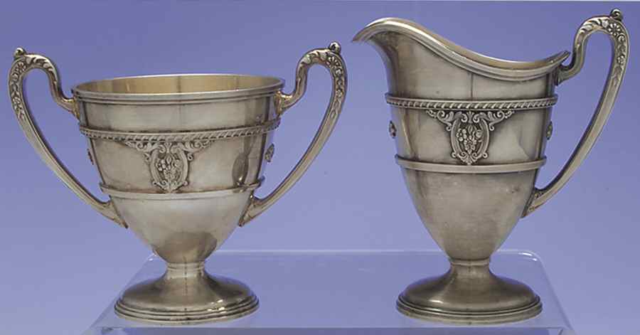 Rose Point (6702, Silverplate, Hollowware) Plated Mini Creamer and Open Sugar by Wallace Silver-1