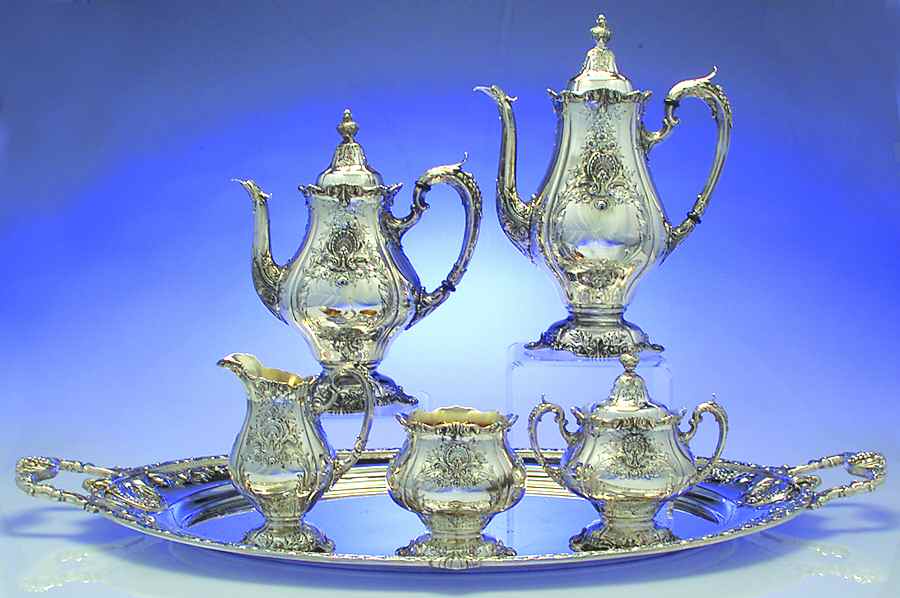 Sir Christopher (Strl, Hlwr, 4800-1, Hand Chased) 6 Piece Tea Set (SCP, STP, SCR, SSU, SWB, WTL) by Wallace Silver-1