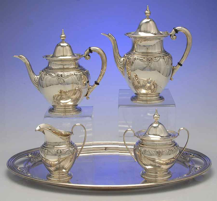 Stradivari (Sterling, Hollowware, Design on Top) 5 Piece Tea Set (SCP, STP, SCR, SSU, SWTM) by Wallace Silver-1