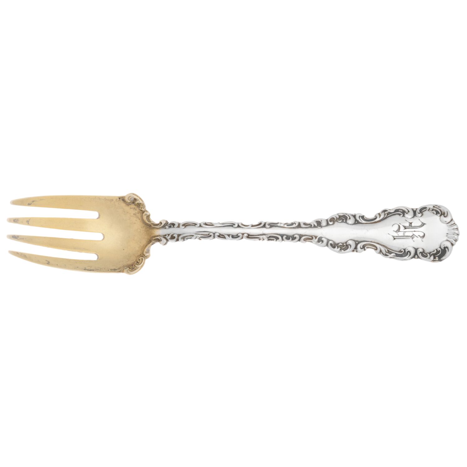 Louis XV (Sterling, 1891, Monograms) Large Ramekin Fork by Whiting Manf Co-1