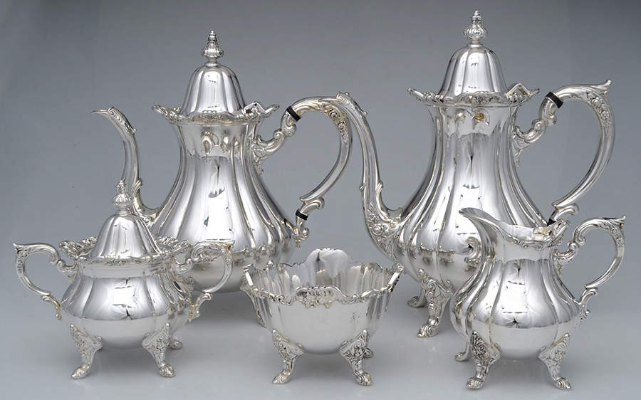 Rose Point (1200, Silverplate, Hollowware) 5-Piece Plated Tea Set (with Waste) by Wallace Silver-1