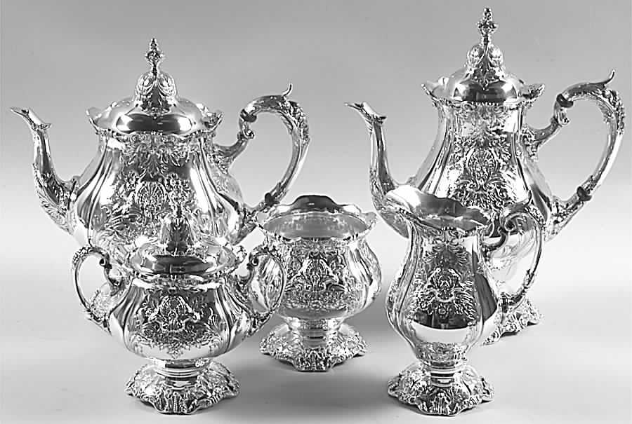 Sir Christopher (Sterling, Hollowware, "Wallace925") 5 Piece Tea Set (with Waste) Plus Case by Wallace Silver-1