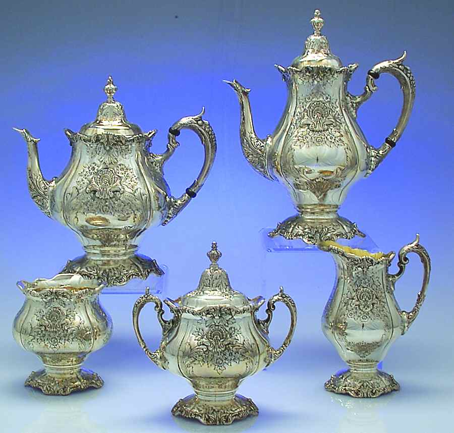 Sir Christopher (Sterling, Hollowware, "Wallace925") 5 Piece Tea Set (SCP, STP, SCR, SSU, SWB) by Wallace Silver-1