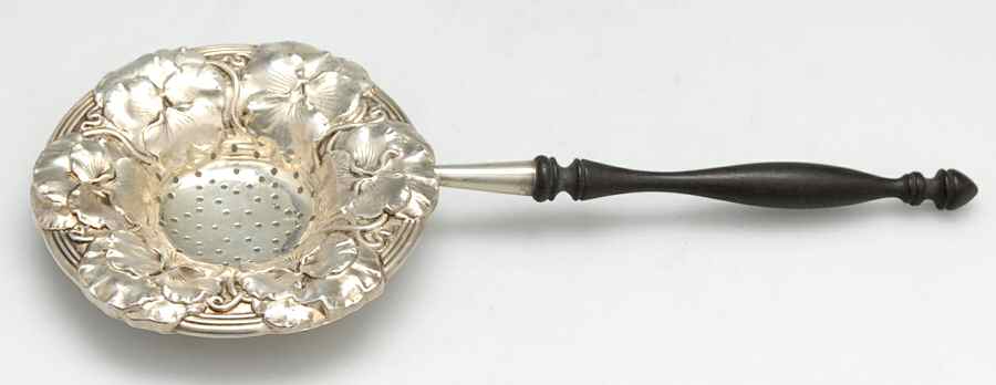 3 (Sterling, Hollowware) Tea Strainer with Wood Handle, Sterling Bowl by Watrous-1