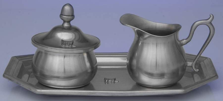 Pioneer (Pewter, Hollowware) Creamer, Sugar & Lid with Tray Set by Woodbury Pewterers-1