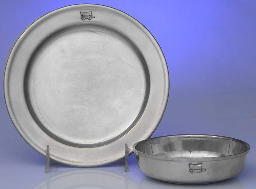 Pioneer (Pewter, Hollowware) 2 Piece Child Set (Bowl & Plate) by Woodbury Pewterers-1
