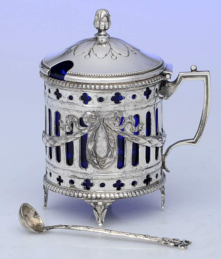Hollowware Mustard Pot with Hinged Lid,Cobalt Liner & Spoon by Weinranck & Schmidt-1