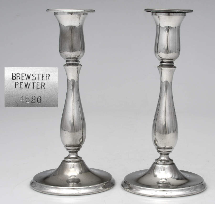 4526 (Pewter, Hollowware) Pair of 8" Candlesticks by Brewster Pewter-1