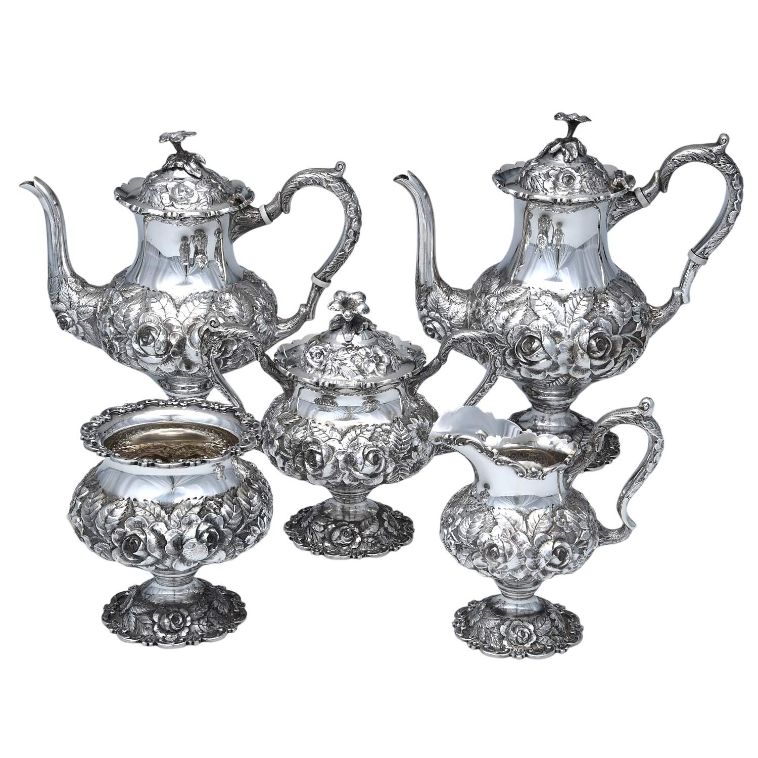 Repousse (Sterling, Hollowware) 5 Piece Tea Set (SCP, STP, SCR, SSU, SWB) by Bailey, Banks & Biddle-1