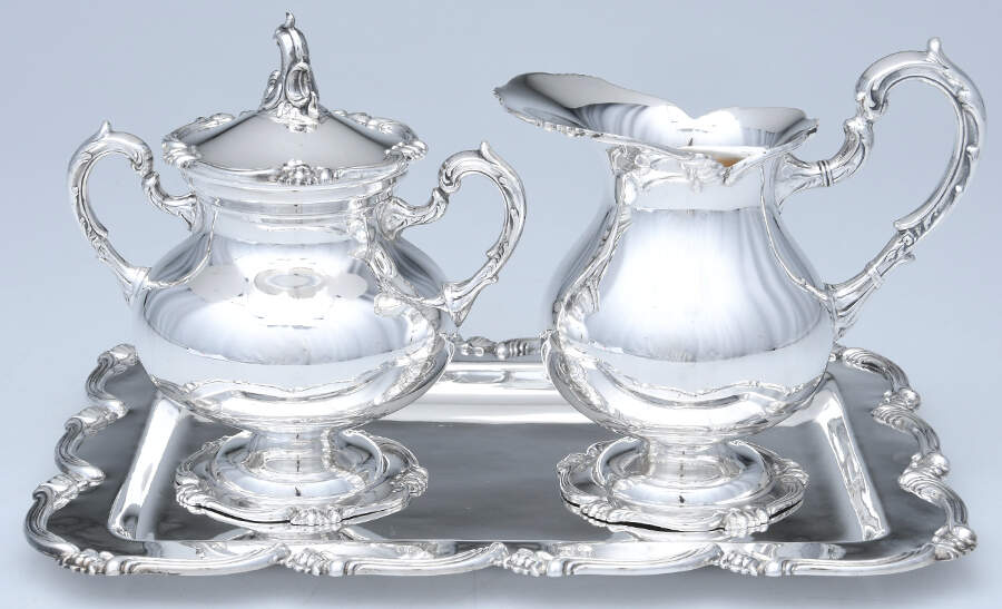 CXU12 (Sterling, Hollowware) Creamer, Sugar & Lid with Tray Set by Camusso (Peru)-1
