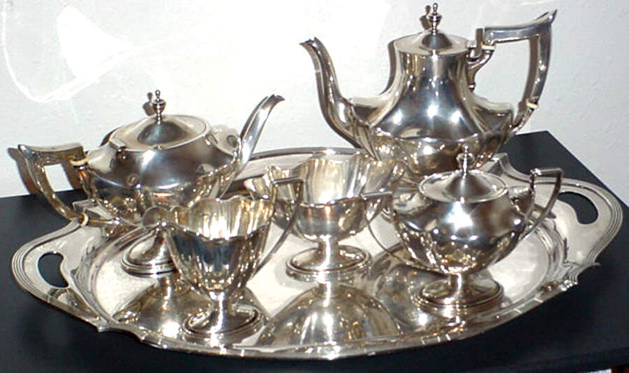 E150 (Sterling, Hollowware) 5 Piece Tea Set (SCP, STP, SCR, SSU, SWB) by Edward Ball-1