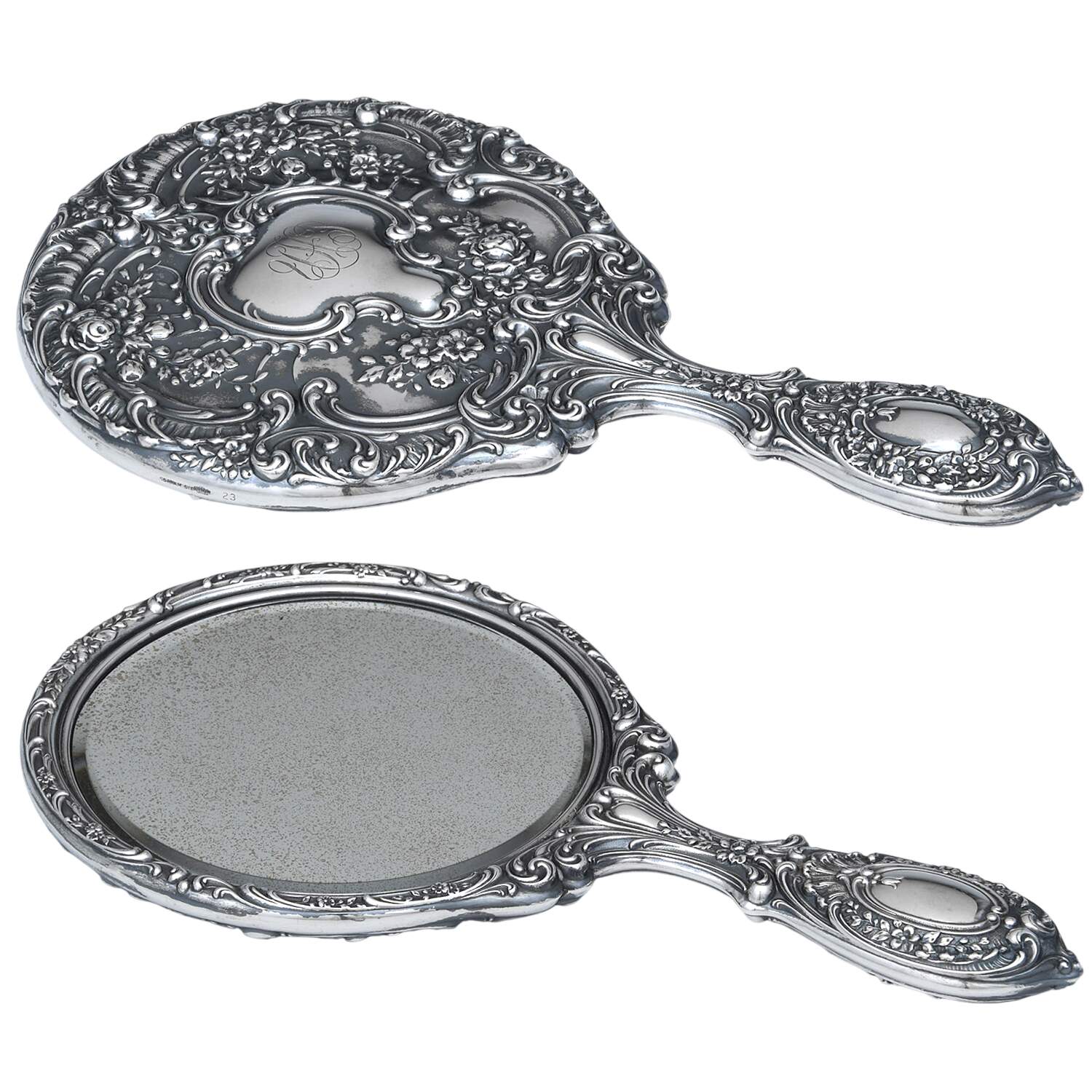 Victorian-Chased (Sterling, Hollowware) Mirror with Handle by Gorham Silver-1
