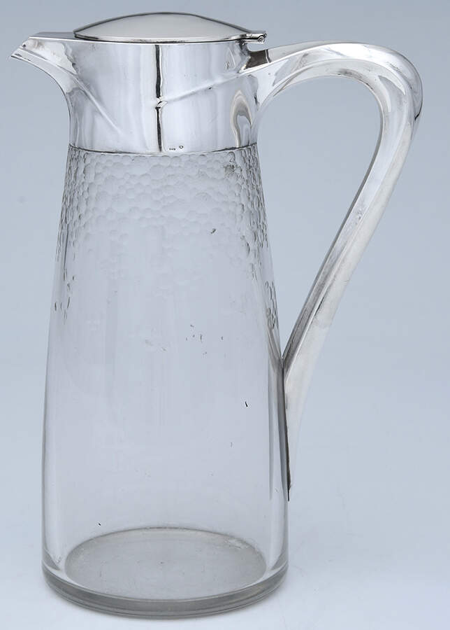 Art Nouveau Style (Sterling, Hollowware) Claret Jug with Glass Base & Hinged Lid by Georg Adam Scheid-1