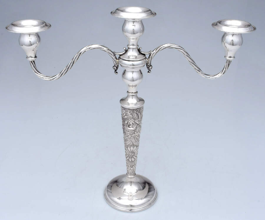 Stieff Rose (Sterling, 1892, Hollowware) 3 Light Weighted Candelabra with Bobech by Kirk Stieff-1