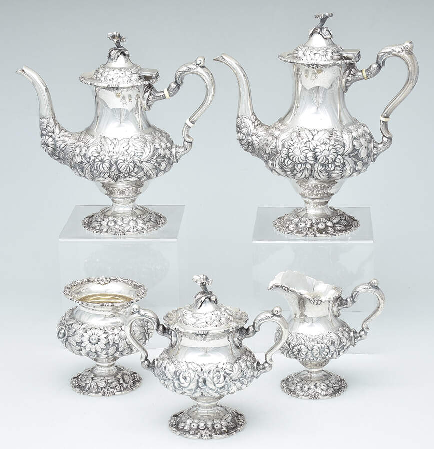 Stieff Rose (Sterling, 1892, Hollowware) 5 Piece Tea Set (SCP, STP, SCR, SSU, SWB) by Kirk Stieff-1
