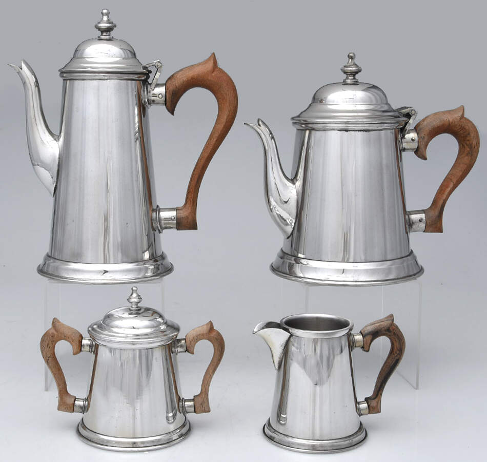 Colonial (Pewter, Hollowware) 4 Piece Tea Set with Brown Handle (CPBRH, TPBRH, CRBRH, SUBRH) by Kirk Stieff-1